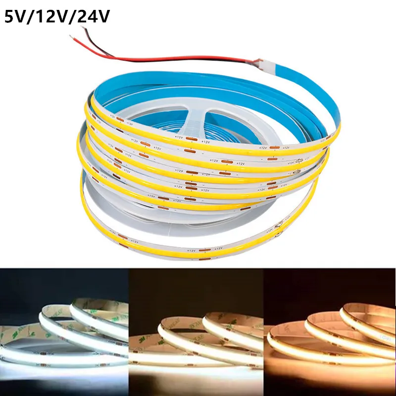 5V 12V 24V LED Strip Light COB High Density Flex Tape RA90 Cool White 6500K Nature White 4000K 3000K Dimmable Ribbon 8mm 5mm PCB