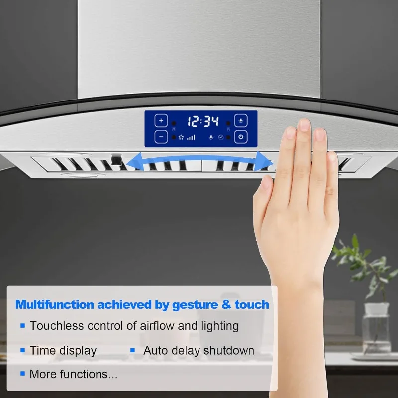 36 Inch Island Range Hood 700CFM Gesture & Touch Control Ceiling Mount Stainless Steel Ducted/Ductless Convertible