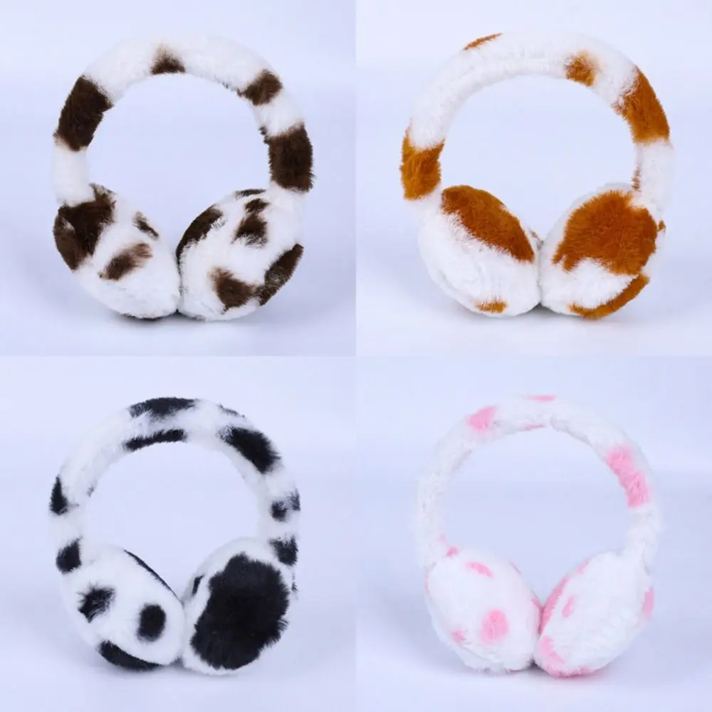 Fashion Cow Print Plush Earmuffs Winter Warm Retractable Fluffy Ear Covers Cartoon Kids Ear Warmers for Boys Girls