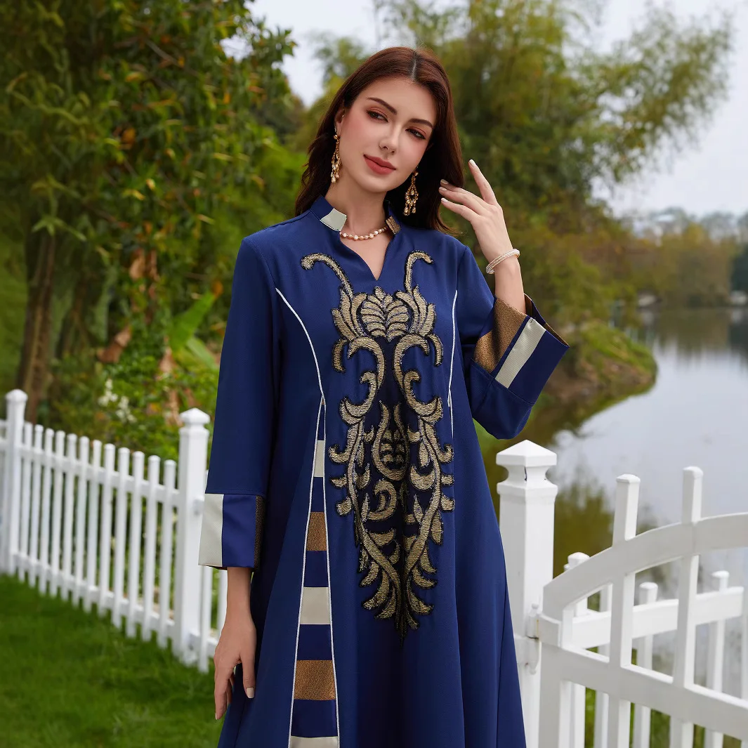Middle Eastern Robe Clothing Bead Embroidered Flower Splicing Striped Abaya Muslim Robe