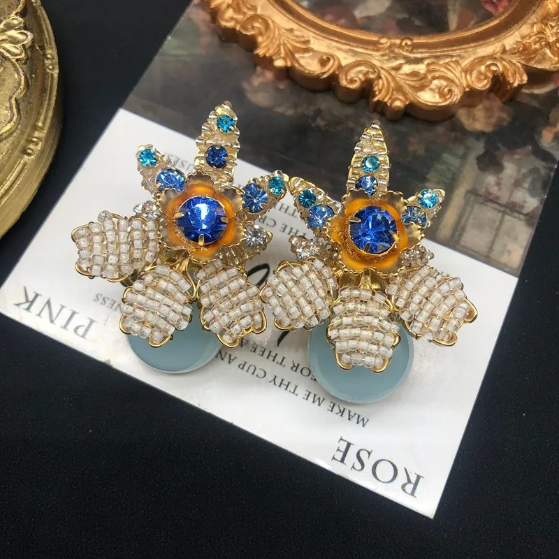 

Heavy Industry Exaggerated Earrings Hand-woven Flower Design Earrings Claw Set with Gemstone Enamel Glaze Ancient Versatile Earr