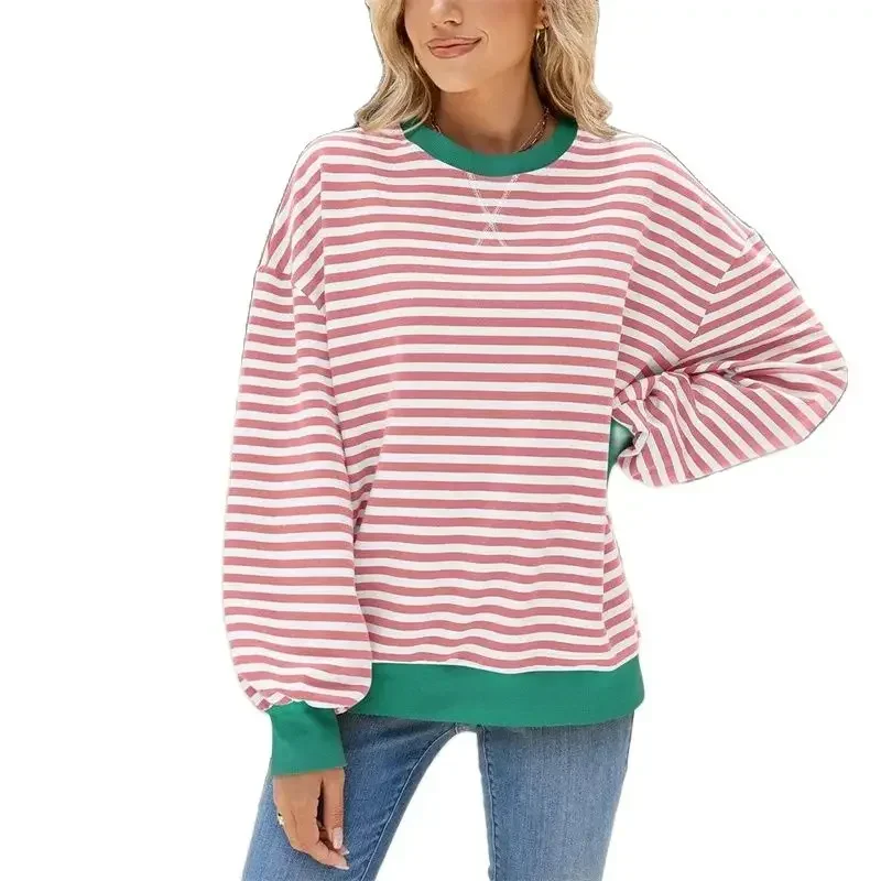 

Women Stripes Color Blocking Sweatshirt O Neck Pullover Loose Hoodie Spring Autumn Casual Commuter Lantern Long Sleeve Tops 2024