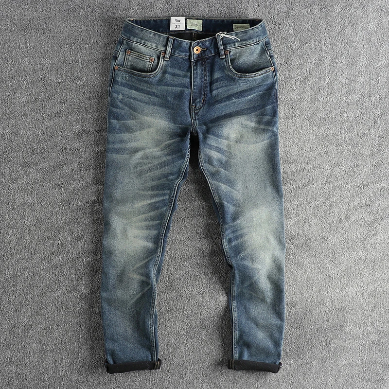 Herbst und Winter Vintage schwer gewaschene alte weiße Beflockung dicke Jeans Herren Slim-Fit kleine gerade trend ige Hose