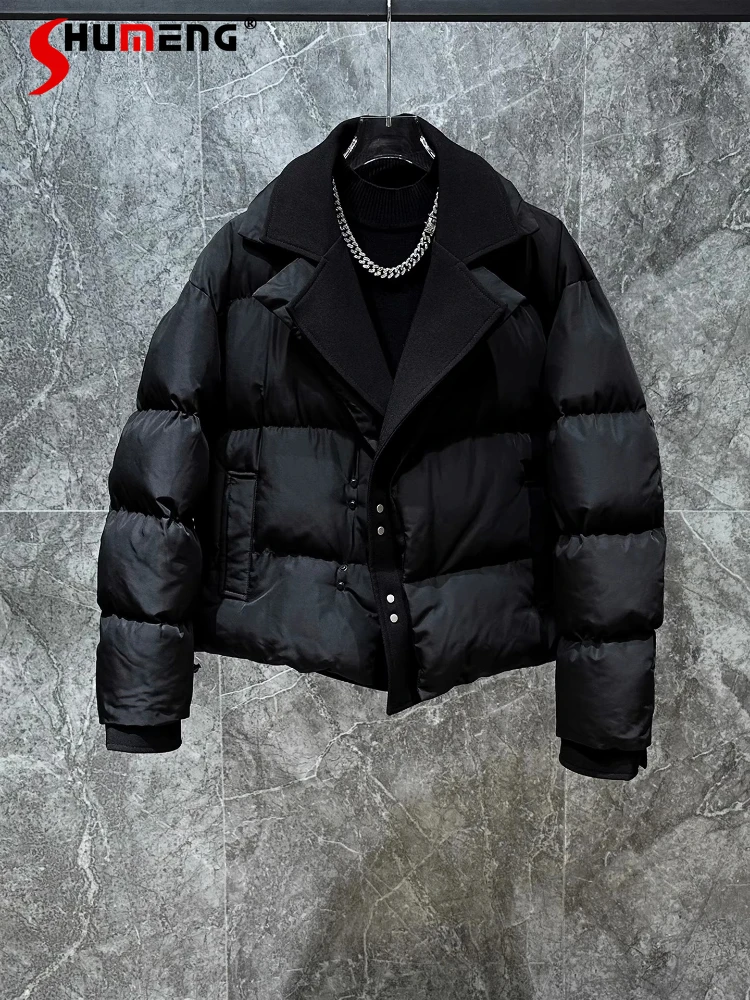 Men's 2025 Winter New Faux Two-Piece Collar Splicing Parkas Fashion Loose Trendy Pocket Decoration Coats Thickened Warm Parkas