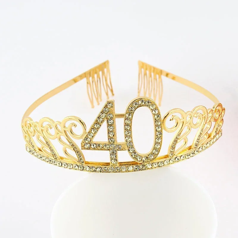 Corona de cristal de Tiara de reina de cumpleaños para mujer, decoración de fiesta de cumpleaños, adorno de pastel, oro 30, 40, 50, 60