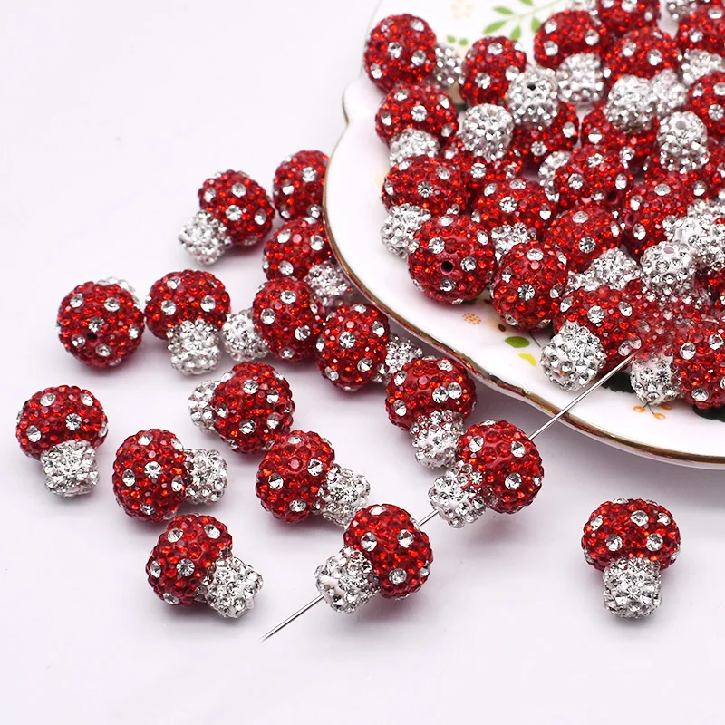 15x18mm czerwone koraliki roślinne glina polimerowa Rhinestone Disco 3D grzyby truskawkowe koraliki do tworzenia biżuterii DIY długopis łańcuszek do telefonu komórkowego