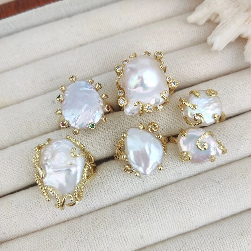 تصميم فاخر غير منتظم لؤلؤة عملة خاتم حفلة موسيقية للنساء قابل للتعديل بيان مطلية بالذهب خواتم إصبع معدنية كبيرة مجوهرات الحفلات #4