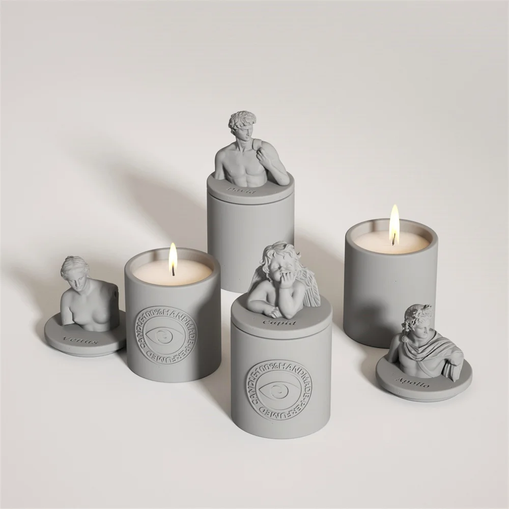 Greek Sculpture Candle Jar Silicone Mold Cement Candle Vessel Mould with Lid Storage Pot Home Decor