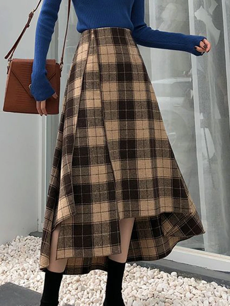 Plaid Long Skirts Women Vintage Irregular Woolen Midi Skirts Female Winter Warm High Waist Skirt Ladies Loose Retro A Line Skirt