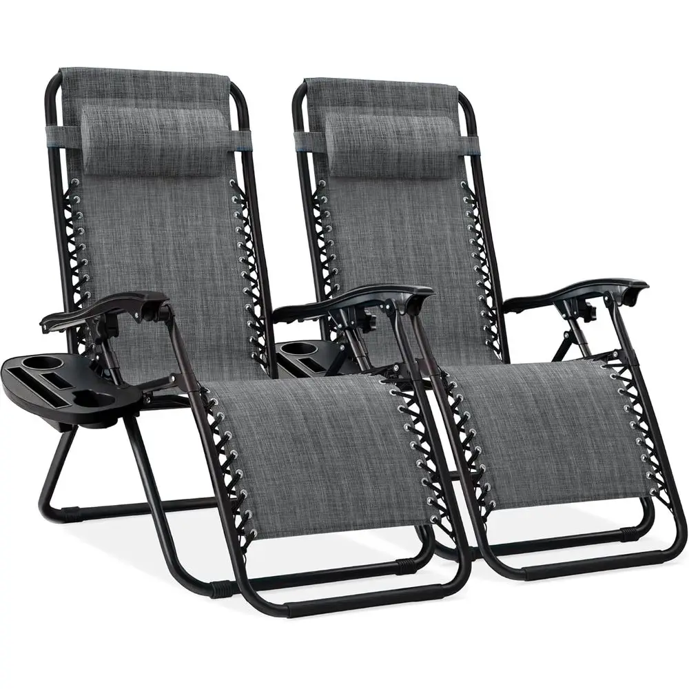 

2 Pack Adjustable Steel Mesh Zero Gravity Lounge Chairs with Pillows and Cup Holders - Gray