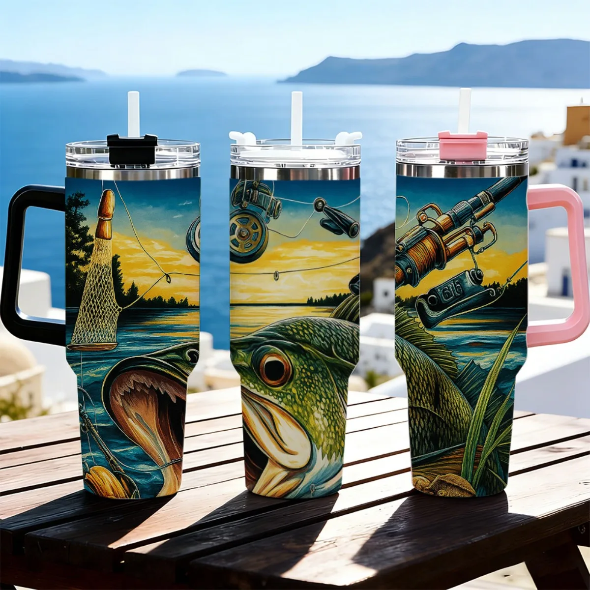 40oz Bass Fishing Rod Sunset Lake Print Stainless Steel Tumbler With Handle Straw Lid 24 Hours Cold Insulated Travel Water Cup