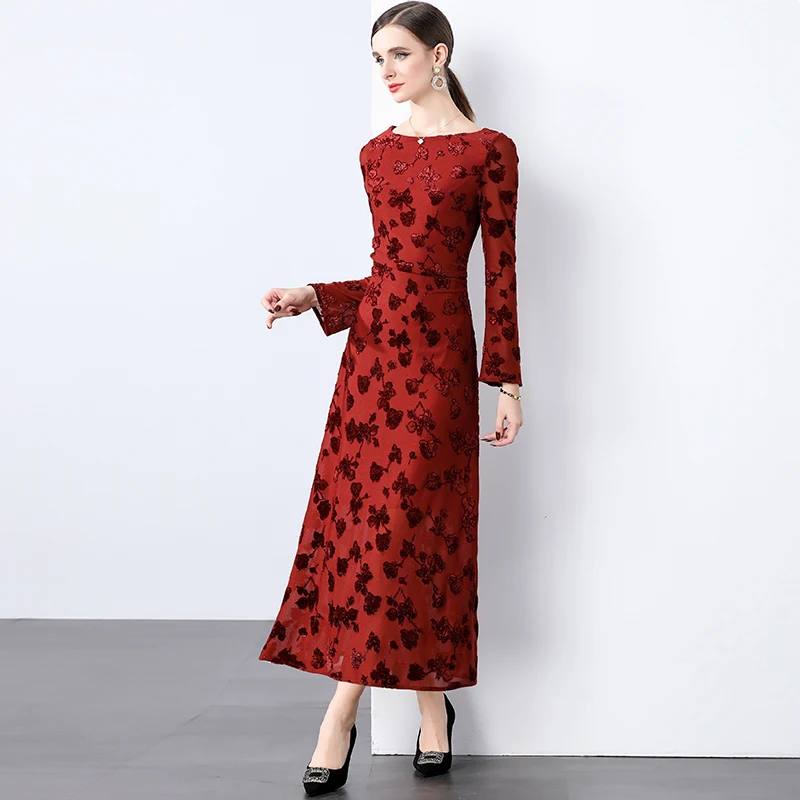 2024 New Jacquard Plush Vintage Women Dress Luxury Brand Timeless Retro Style Long Sleeve Autumn Winter Dresses