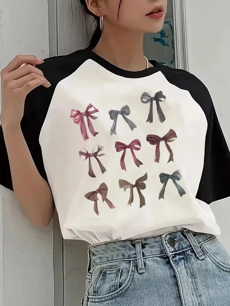 Damen-T-Shirt mit Schleifenmuster, kurzärmelig, lässiges Grafik-T-Shirt, 90er-Jahre-Stil, lustiges T-Shirt, koreanischer Stil, Rundhals-T-Shirt, Kleidung