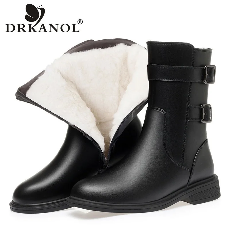 

DRKANOL Fashion Women Winter Mid Calf Snow Boots Genuine leather Flat Heel Rubber Sole Non-slip Shearling Warm Casual Boots