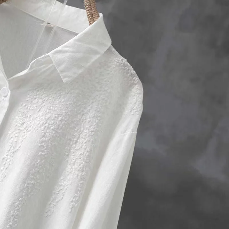 Cotton White Embroidered Long Sleeve Tops Women Shirt New 2024 lapels Buttons Casual Fashion Wild Blouse Female Clothes