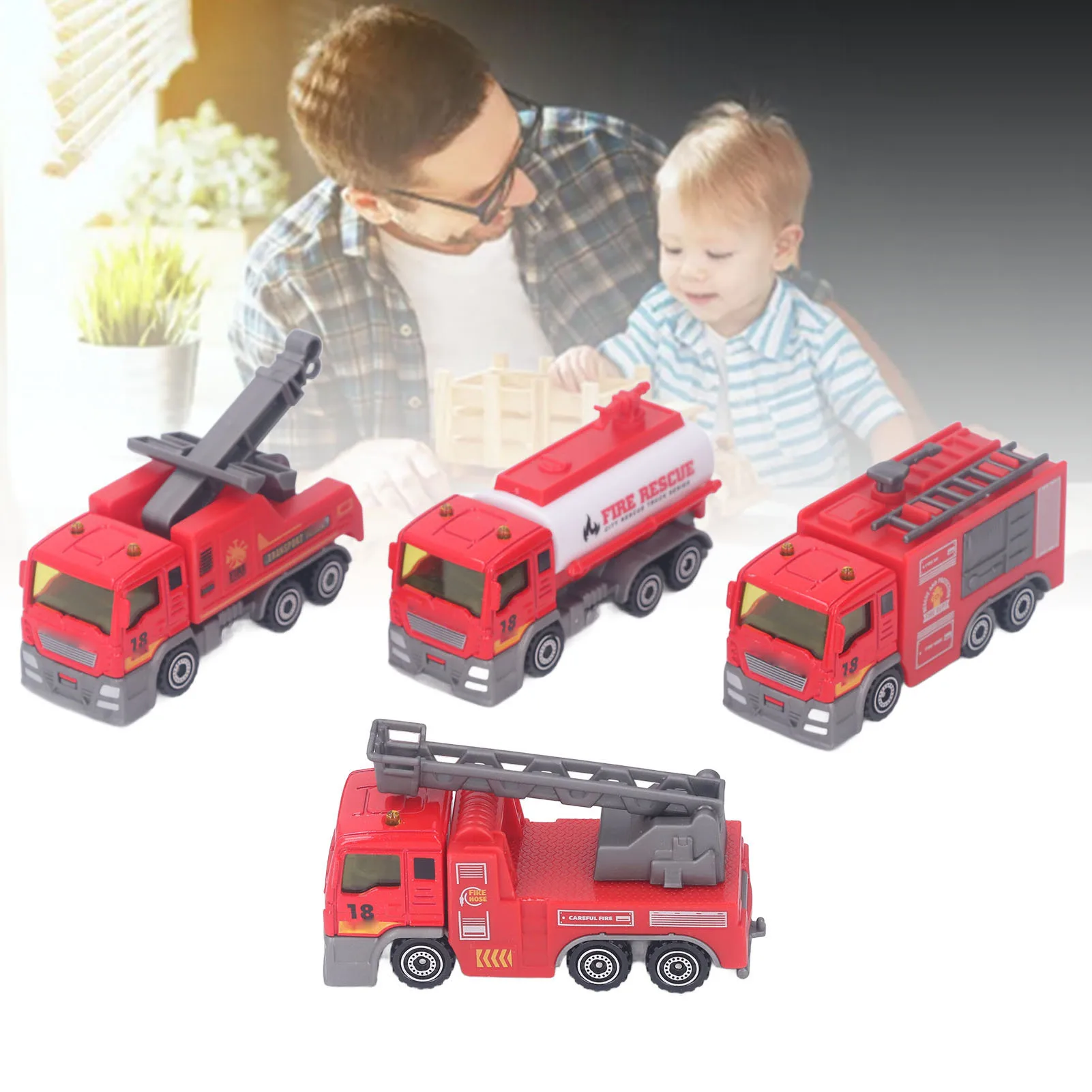 ZK30 4Pcs 1: 32 Fire Truck Toy Set High Simulation Pull Back Car Toy Educational Truck Model Children Gifts