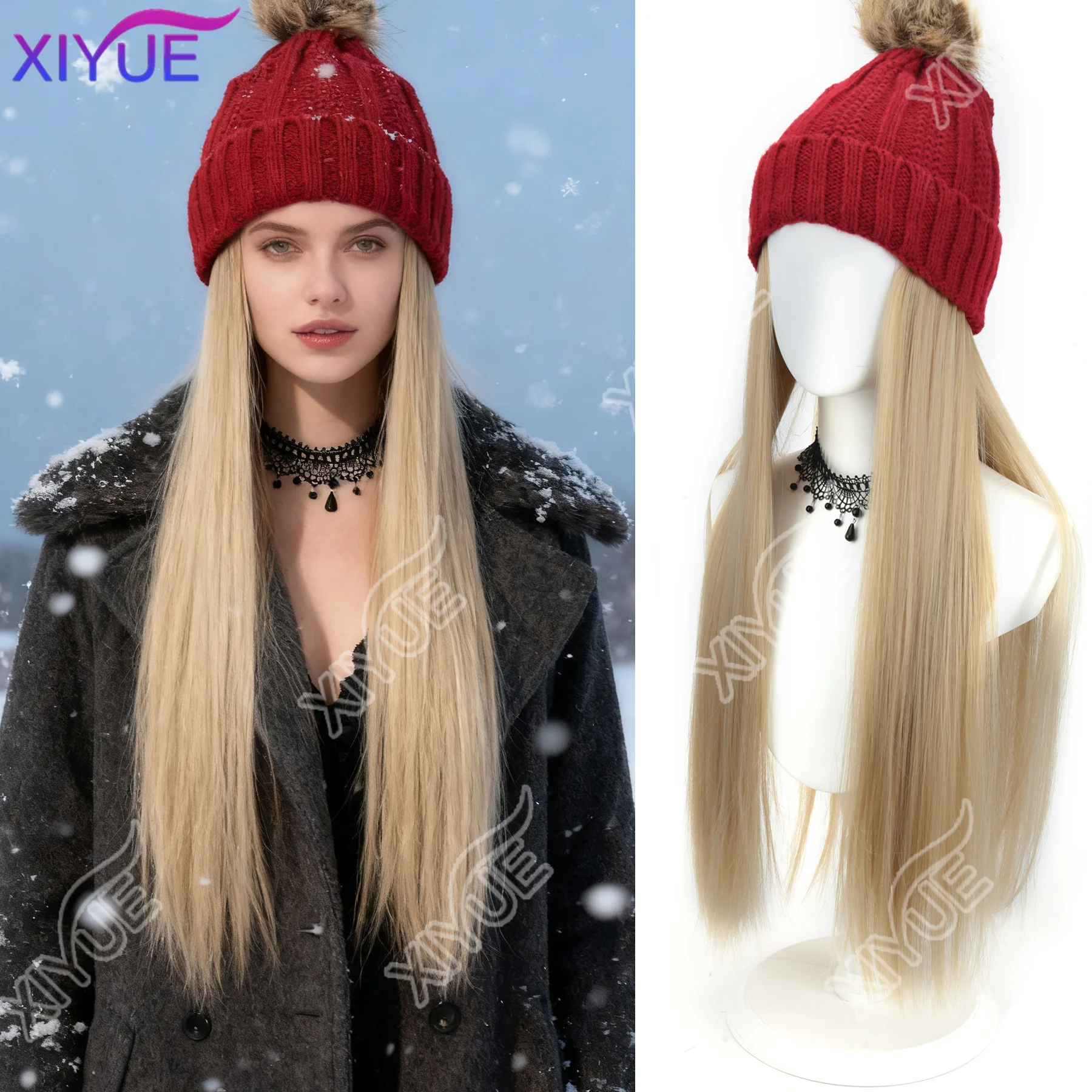 XY قبعة مستقيمة الباروكات قبعة مع قبعة الشعر شعر مستعار ذهبي مستقيم شعر مستعار ربط الشعر الاصطناعية المرأة الدافئة أفخم محبوك قبعة الخريف الشتاء