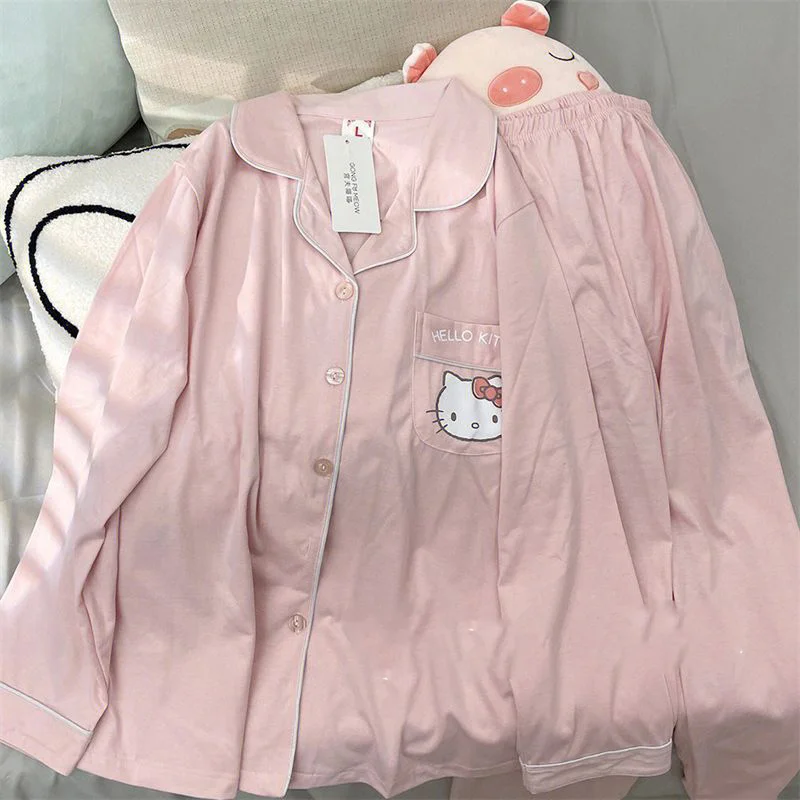 Kawaii Pajamas Sanrio Hello Kitty Pachacco Kt Cat Pajamas Female New Hellokitty Long-Sleeved Student Cute Home Wear Set