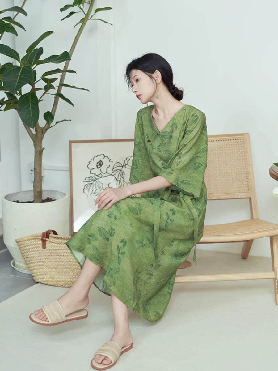 레트로 슬레 젠틀우먼스 리포머드 코튼 린넨 드 플로럴 프린트 A라인 스커트 또는 Sve V넥 여름 드