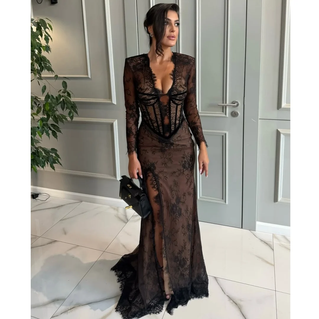 

Black Lace Evening Dresses Woman Illusion vestidos de noche Long Sleeve Prom Dress with Slit Wedding Party Gown Customized