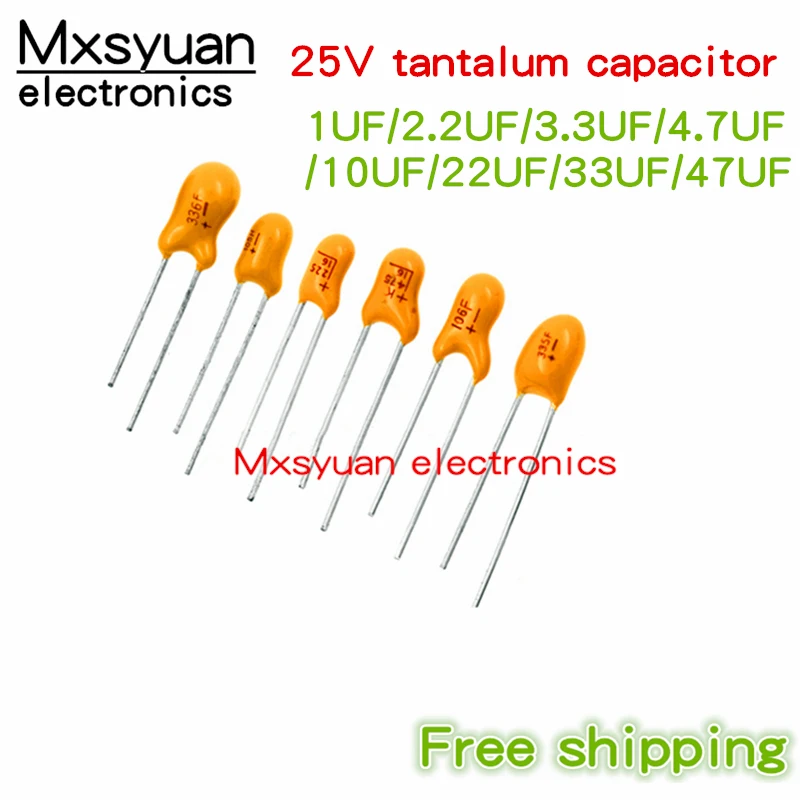 100PCS/LOT 25V 1UF / 2.2UF / 3.3UF / 4.7UF / 10UF / 22UF / 33UF / 47UF / 100UF 25V New original Plug in tantalum capacitor