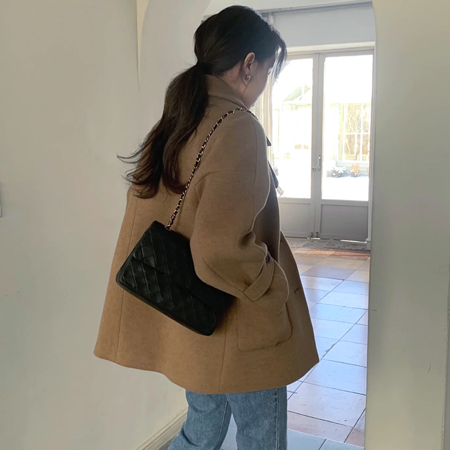 Chaqueta de lana de un solo pecho con solapa y cuello de piel desmontable con temperamento Retro francés