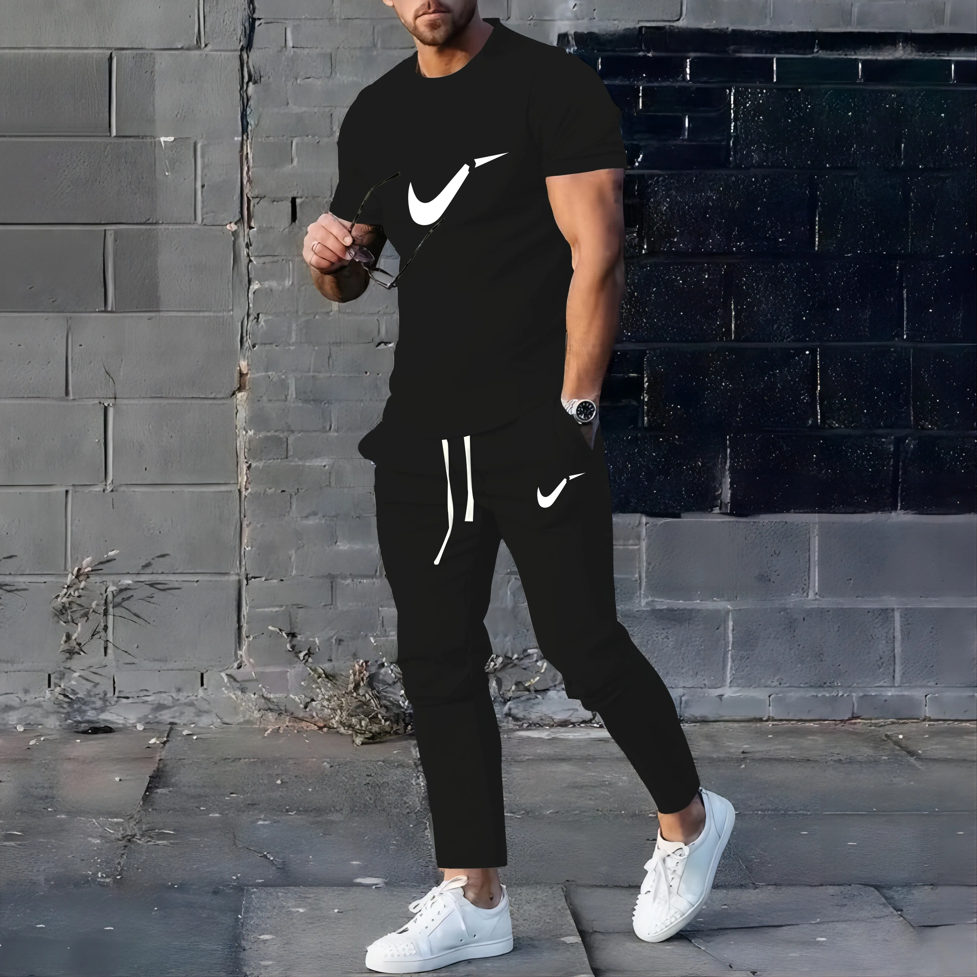 Summer men\'s golf sports set 2-piece long pants printed short sleeved T-shirt+long pants streetwear trendy men\'s clothing