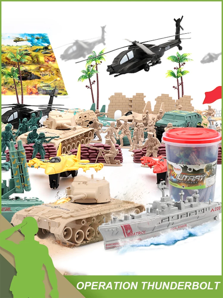 

ViiKONDO Army Men Toy Military Playset Green Tan Soldier Storage Bucket Sea Land Air Battle Armor Vehicle Model Wargame Boy Gift