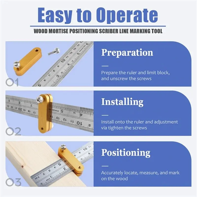 AA73 Steel Ruler Positioning Block Adjustable Thickness Ruler Stop Fence Woodworking Rulers Limit Block Scribing Tool