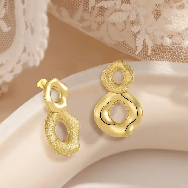 Fashion Minimalist Geometric Earrings Brushed Hollow Round Drop Earrings Luxury Texture Elegant Women Dangle Ear Jewelry High Gr