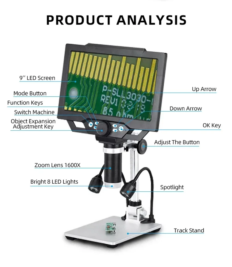 Цифровой электронный микроскоп 9-дюймовый регулируемый ЖК-дисплей 1-1600x увеличительная лупа микроскопы паяльные инструменты