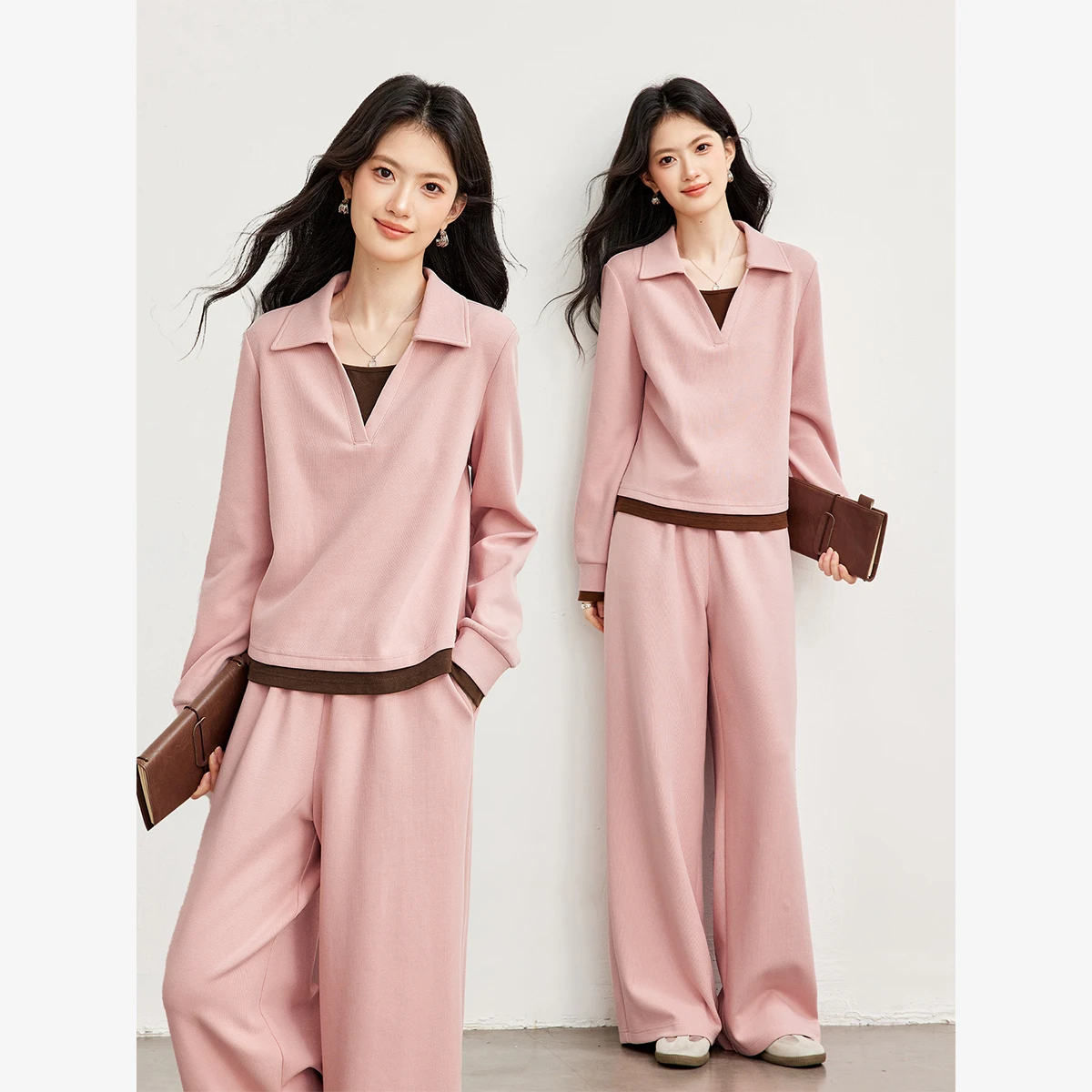 VIMLY Pink Casual Sweatshirt Two-piece Set for Women 2026 Autumn Color Block Pullover Baggy Wide Leg Pants Fashion Outfit A7276