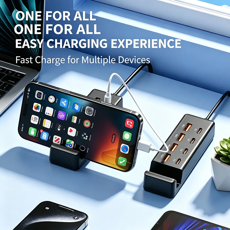 8 IN 1 USB Charger Station 4 USB-A 4 USB-C Fast Charger Multi Ports Power Strip Adapter Socket With Cable HUB For Home Office