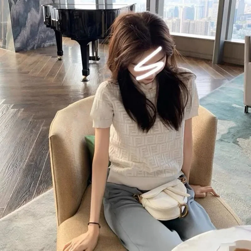 Elegant Short Sleeves Knitted Top Women's 2024 Spring Summer New Style Versatile Thin Pullover Crew Neck Sensibility Lazy T-shir