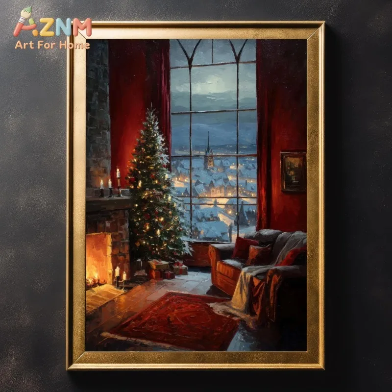 Christmas Living Room Canvas Wall Art Fireplace Xmas Tree Snowy Town View Through Window Vintage Holiday Unframed Canvas Poster