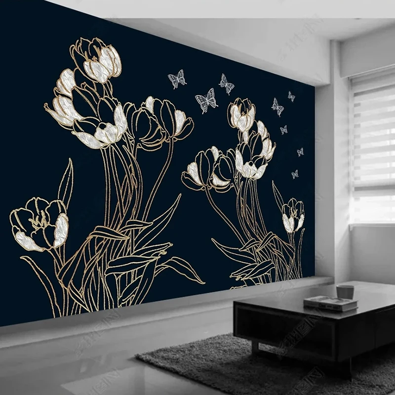 

Custom Photo Wallpaper Modern Embossed Golden Line Floral Mural Restaurant Cafe Bar KTV Background Wall Decor Papel De Parede 3D