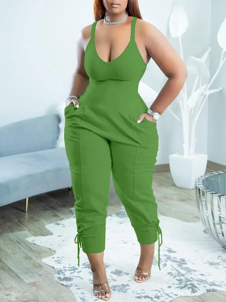 

Fashion Women Clothing Sexy Oneise Green Skinny Low Cut Lace-up U-Neck Sleeveless Pocket Design Jumpsuit