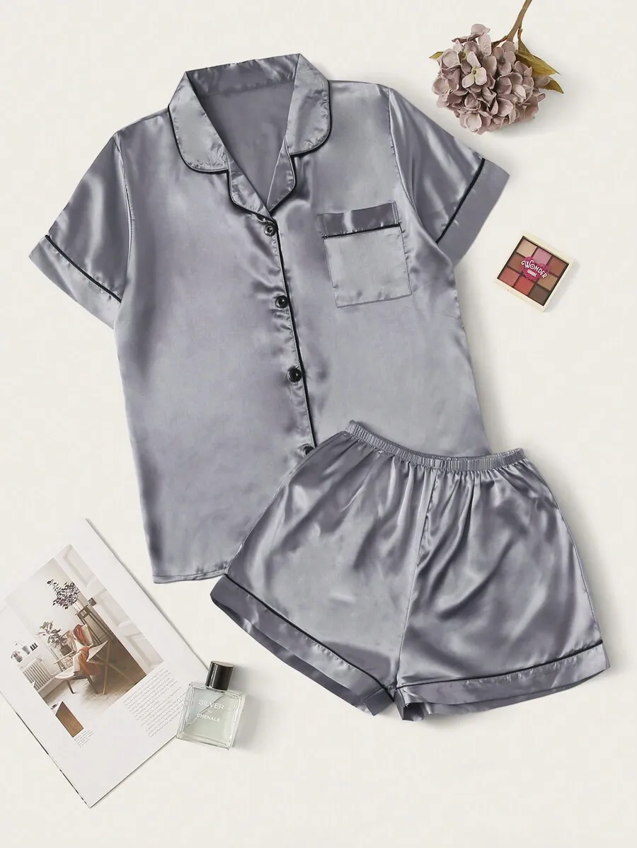 

Gray Satin Pajama Set with Turn-Down Collar, Button Front & Contrast Trim