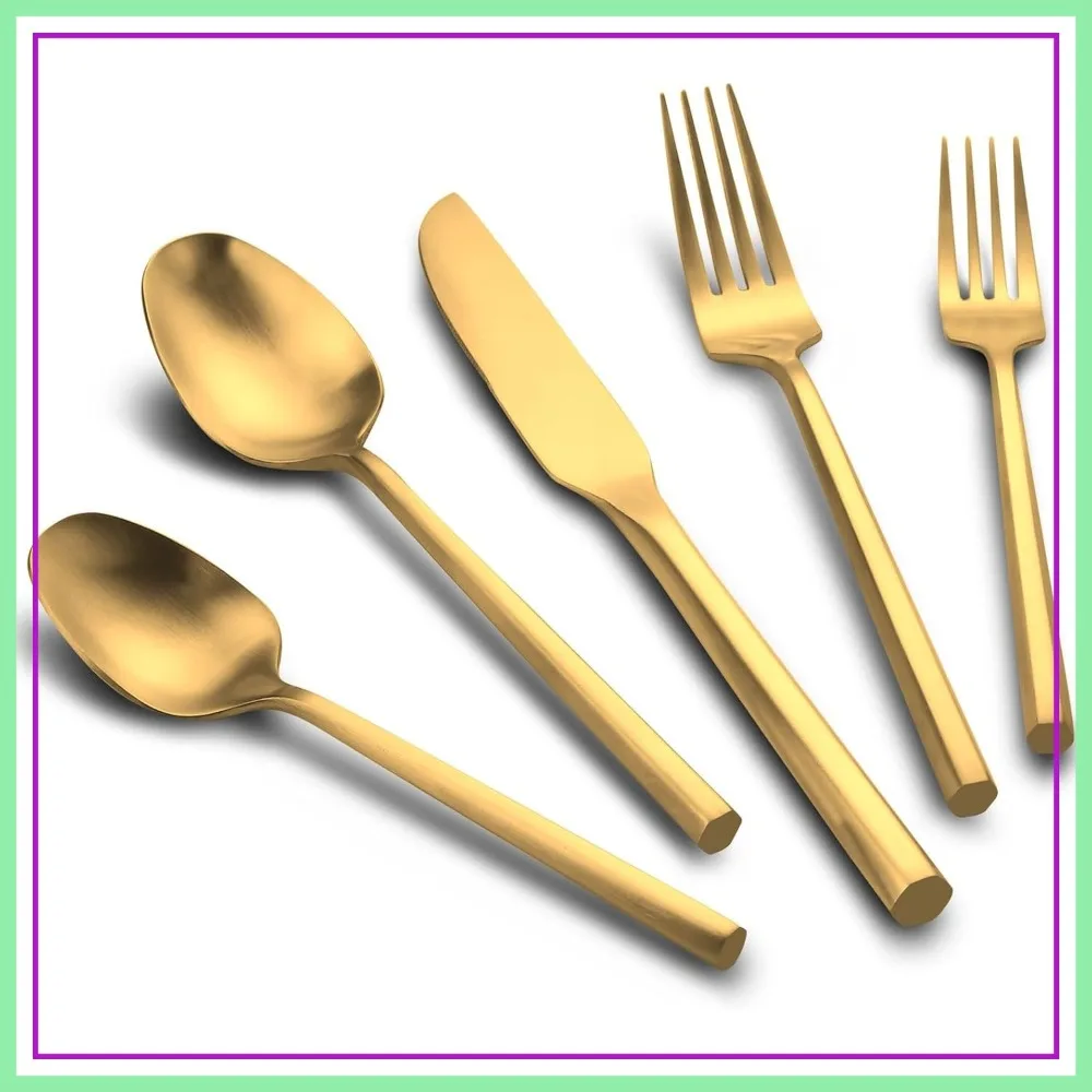 

20-Piece Matte Gold Silverware Set, Hand Forged Stainless Steel Flatware, Hexagon Handle Cutlery for 4