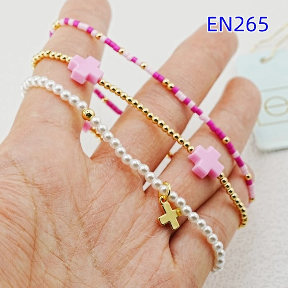 

YEEVAA Pink Cross Charm 2mm Beads&Faux Pearls Stack Bracelets Spring Summer Series, Fashion Jewelry Gift for Women