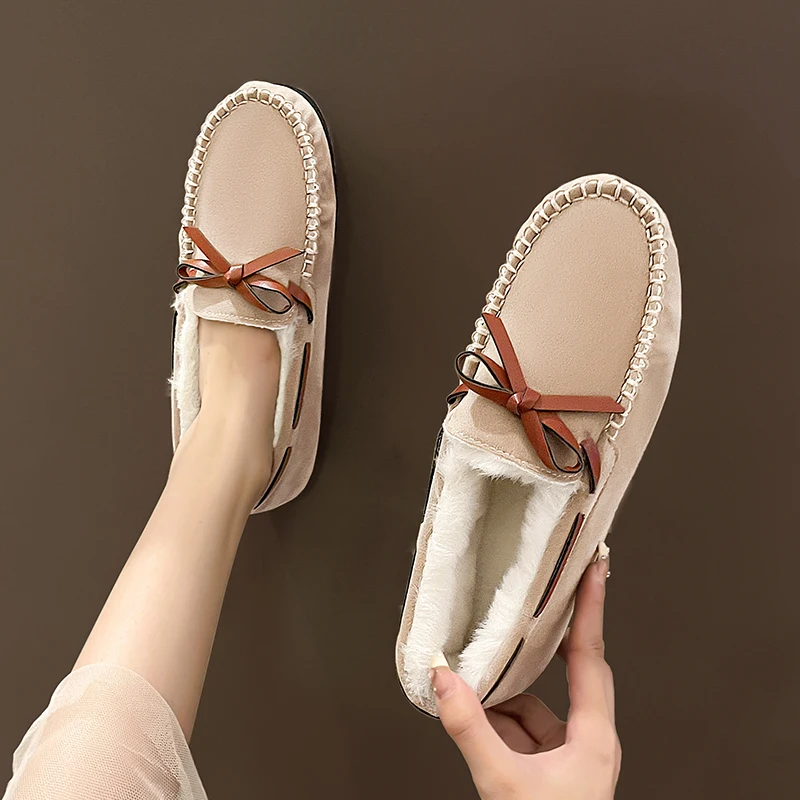 All-Match Moccasin Shoes Bow-Knot Loafers Fur Slip-on Casual Female Sneakers Autumn Women Shallow Mouth Round Toe Moccasins Butt