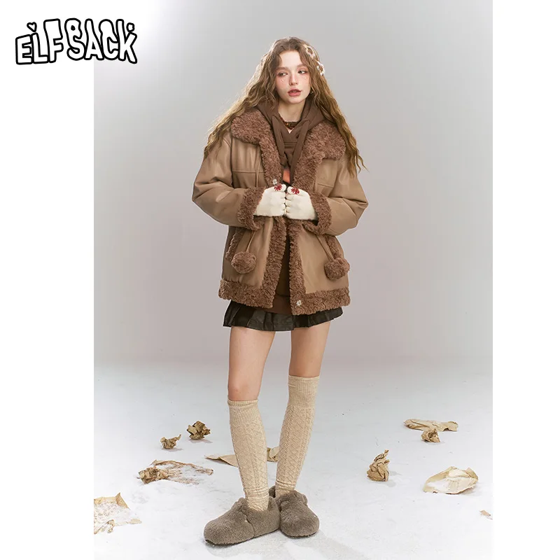 ELFSACK 2024 Winter New Arrivals Retro coffee with plush ball decoration PU plush stitching thick warm coat for women