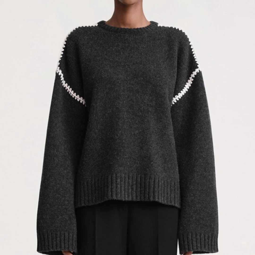 Modny sweter damski na jesień/zimę 2025, luźny, z okrągłym dekoltem, długim rękawem, dzianinowy, haftowany.