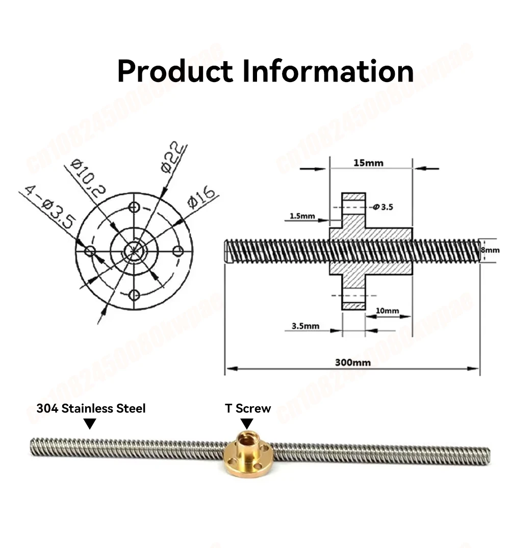T8-Leitspindel mit Messingmutter, Außendurchmesser 8 mm, Steigung 2 mm/Steigung, 8 mm Steigung, 2 mm Länge, 100–500 mm, T8-Leitspindel-Reprap, 3D-Drucker-Teile – Detail 7