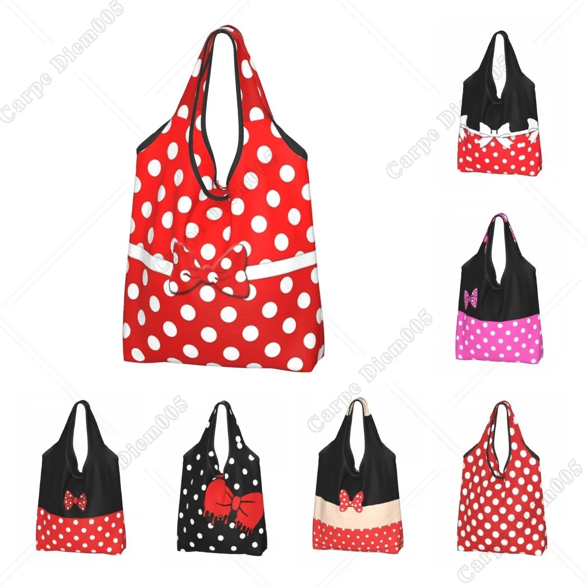 Polka Dots Bow Cartoon Character Women Shopping Bag Foldable Shopping Bag Portable Tote Bag Grocery Bags Eco-friendly One Size