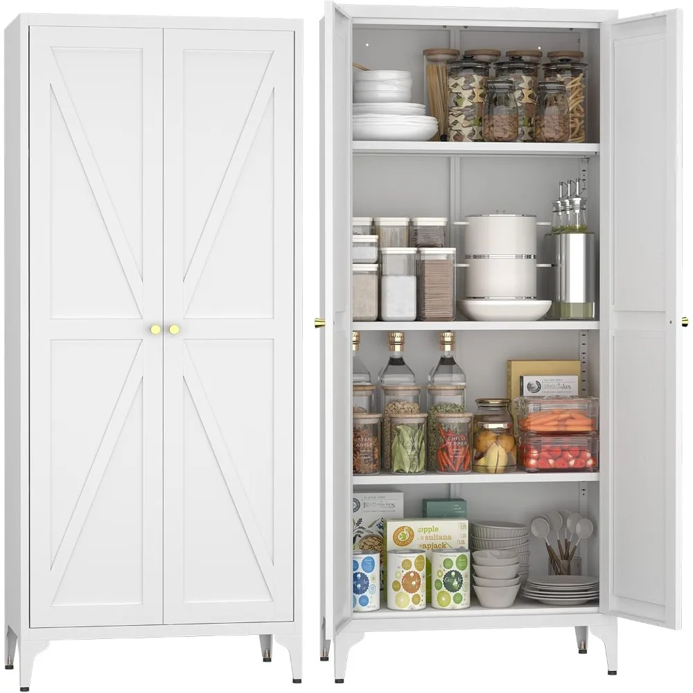 

65" Tall Metal Pantry Cabinet with Doors, White Tall Storage Cabinet, Small Food Pantry Cabinet, Kitchen Storage Cabinet with 3