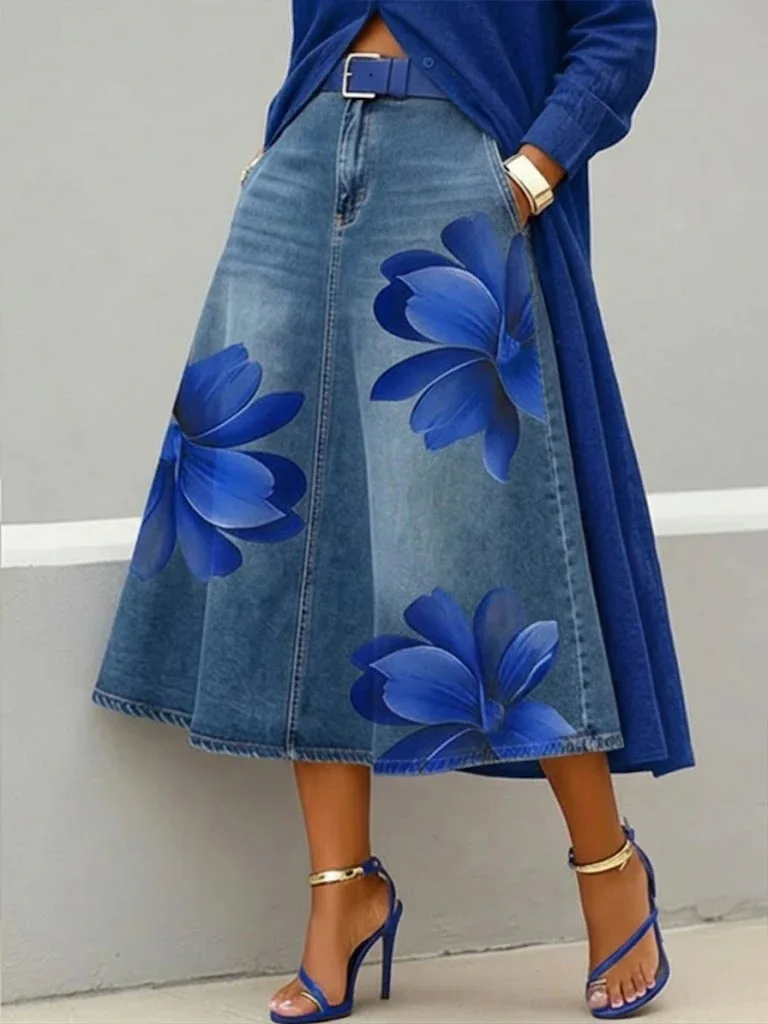Denim Skirts Women Mid Length Skirt A Line Floral Print Pockets Elegant Splice Y2k Streetwear Work Beach Casual Washed Summer view 6