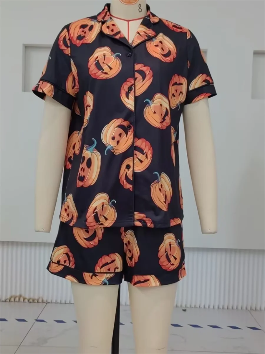 2024 Halloween Silk Satin Pajamas Set for Women Pumpkin Print Button up T-Shirt and Elastic Shorts for Loungewear Soft Sleepwear