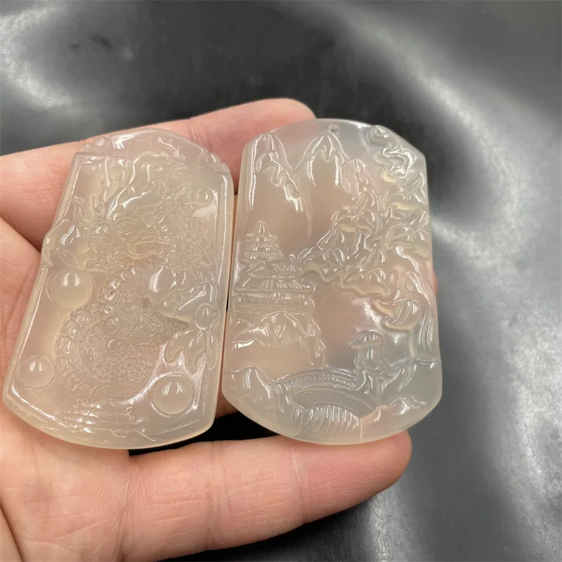 Genuine Natural Chalcedony Landscape , Large White Agate Pendant, Playing With Pearls