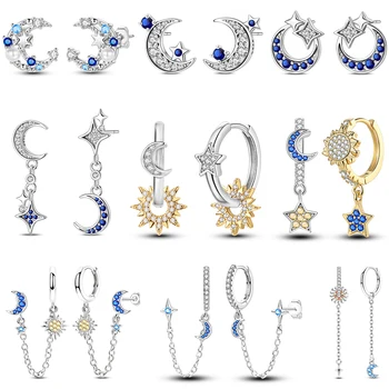 Women's 100% 925 Sterling Silver Sun Moon Stars Shining Trendy Earrings Fit Engagement Anniversaries Exquisite Jewelry Gifts